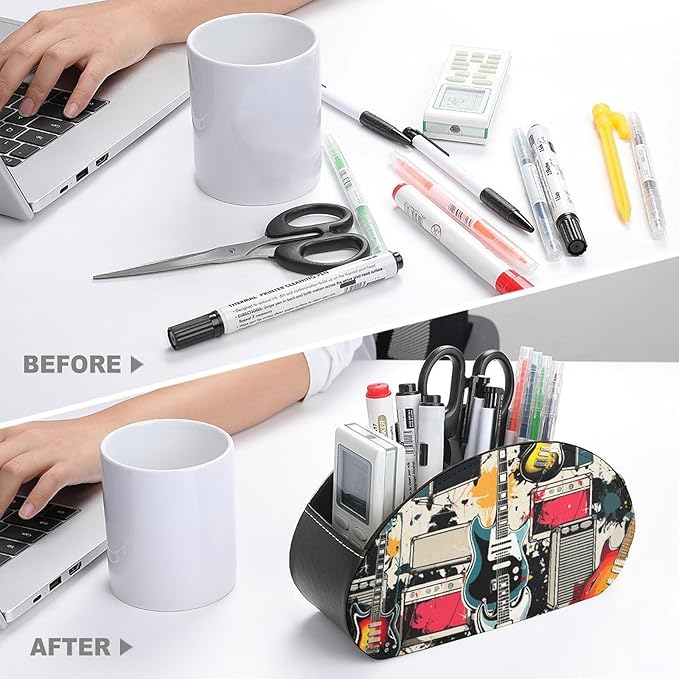 Rock Music Pattern Remote Control Organizer PU Leather Storage 5 Compartment Controller Holder Multi-functional Brush Organizer Box Office Supplies Caddy for Bedside