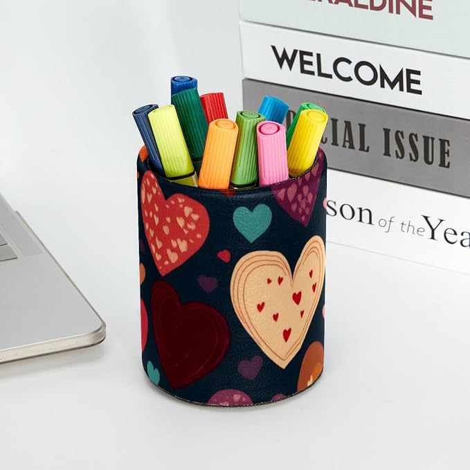 Seamless Hearts Pattern Pen Pencil Holder for Desk, Large Round Pen Pencil Cup, Decorative Desk Stationery Organizer for Home, Office, Classroom