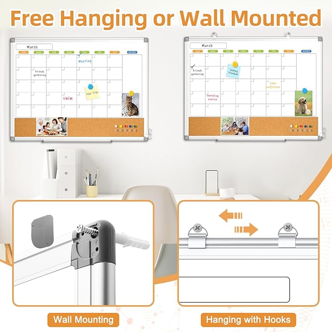 Dry Erase Calendar Whiteboard for Wall, WALGLASS 24" x 18" Double-sided Monthly Calendar White Board Cork Combo, Hanging Wall Mounted Bulletin Corkboards Silver Aluminum Frame for Home, Office, School