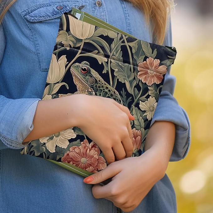 Vintage Flower Frog William Morris Book Sleeve for Book Lovers, Bookish Book Protector with Zipper, Washable Fabric Book Cover for Paperbacks & Hardcovers,11.4 x 9.1Inches (Green-Frog, Medium)