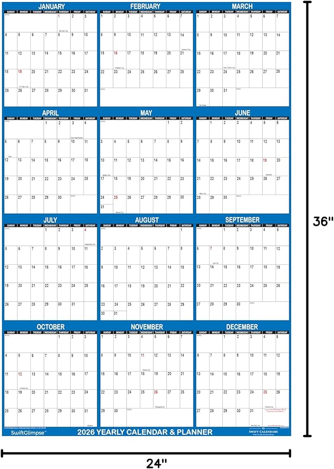 24" x 36" SwiftGlimpse 2026 Wall Calendar Erasable Large Wet & Dry Erase Laminated 12 Month Annual Yearly Wall Planner, Reversible, Horizontal/Vertical, Navy