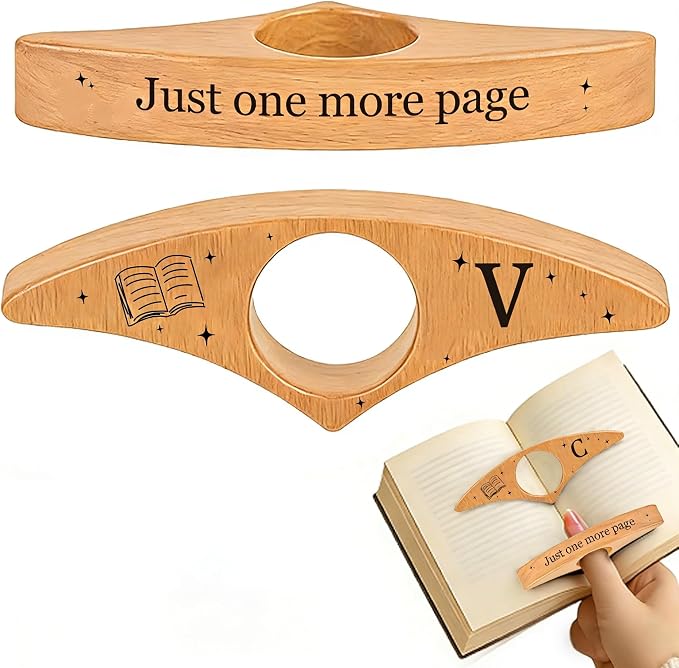 Personalized Wooden Thumb Book Page Holder Engraved with 26 Letters Initials Reading Bookmark Gift for Book Lovers, Readers, Women, Men, Teachers Christmas, Birthday(Beech Wood-A, V)