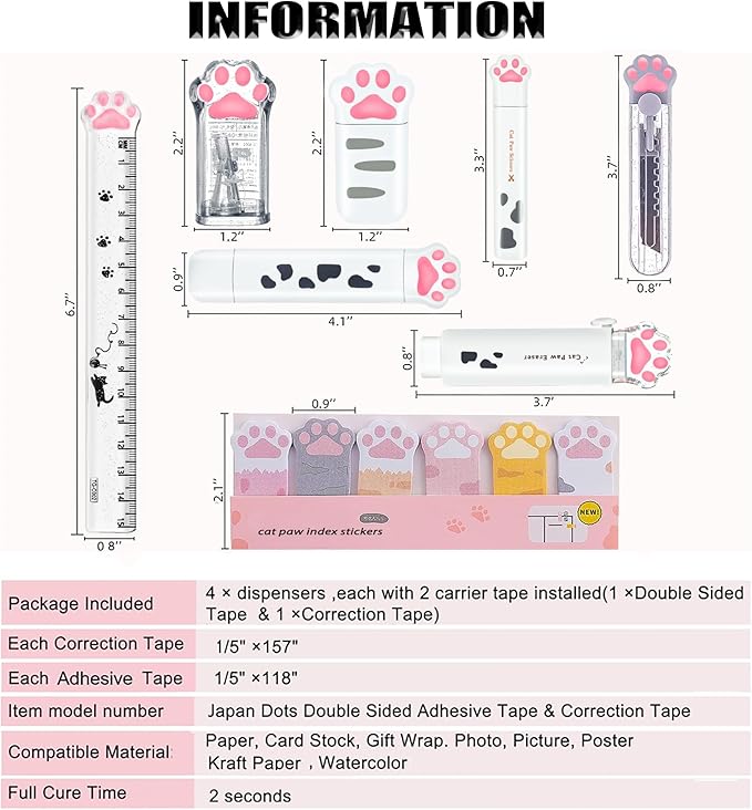 Cute School Supplies,Stationary Gift Set, Japanese Stationery Birthday GIFS, Includes Pencil Sharpener,Eraser, Correction Tape, Ruler, Mini Scissors,Utility Knife, for Office School Supplies (White)