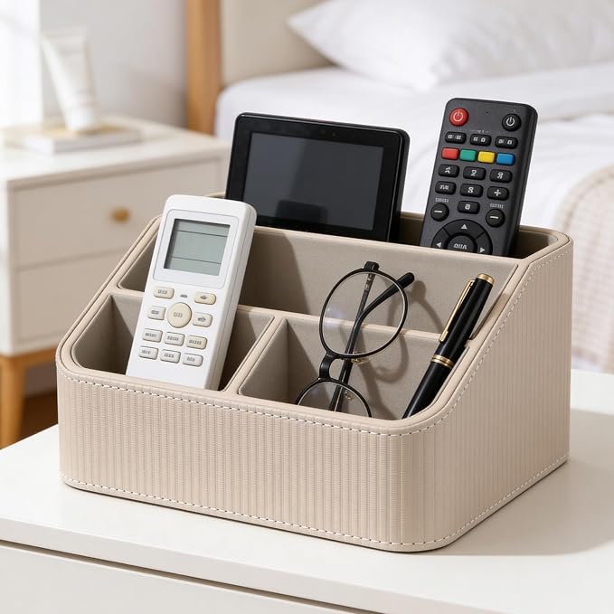 Remote Control Holder with 4 Compartments, PU Leather Desktop Organizer for Nightstand or Desk, Multifunctional Storage Box for Office Supplies and Home Accessories (Beige)
