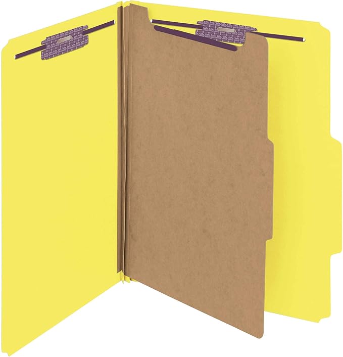 Smead Pressboard Classification File Folder with SafeSHIELD Fasteners, 1 Divider, 2" Expansion, Letter Size, Yellow, 10 per Box (13734)
