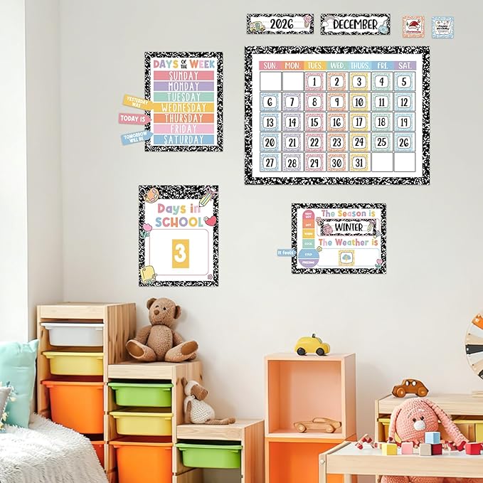 Whaline Composition Notebook Calender Bulletin Board Decorations Composition Classroom Calender Set with Chart Cutouts for Back to School Party Supplies