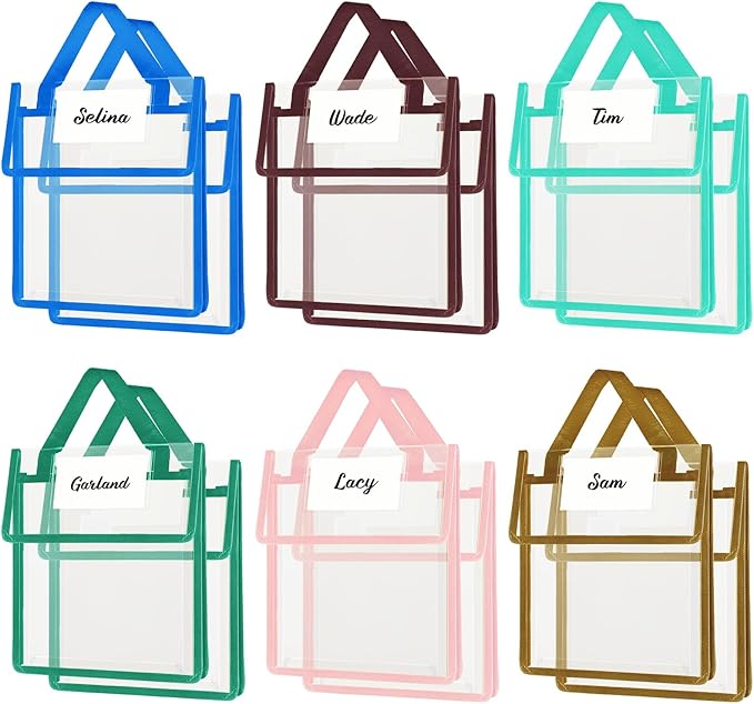 Teling 12 Pack Thick Clear Book Pouches with Blank Name Tags and Handles Book Baggies Bags Bins Organizer for School Classroom Library Pockets Students (10 x 12 Inch,Multi Color)