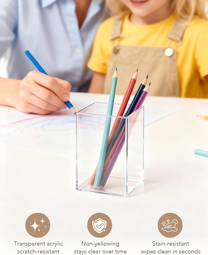 Clear Acrylic Pen Holder, Acrylic Makeup Brush Storage Organizer, Pencil Pen Holder for Desk, Modern Desktop Accessories for Office School Home Supplies