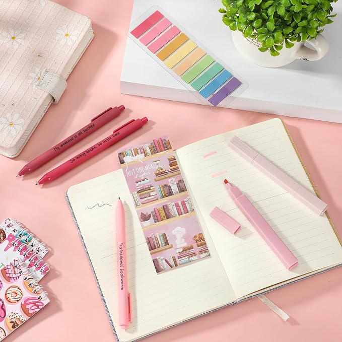 Spakon 7 Pcs Book Lovers Gifts for Readers Bookish Book Annotation Kit Aesthetic Pastel Highlighters No Bleed Gel Pens Reading Tabs Bookmark for Women Library Student Bible(Pink Series)