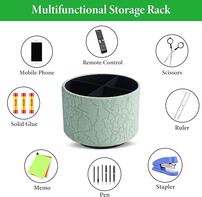 Round Leather Art Supply Organizer,Remote Control Holder,360 Degree Spinning,Multi-Functional Pencil Holder,4 Compartments Desktop Stationary Organizer(1-Lace Flower Green1)
