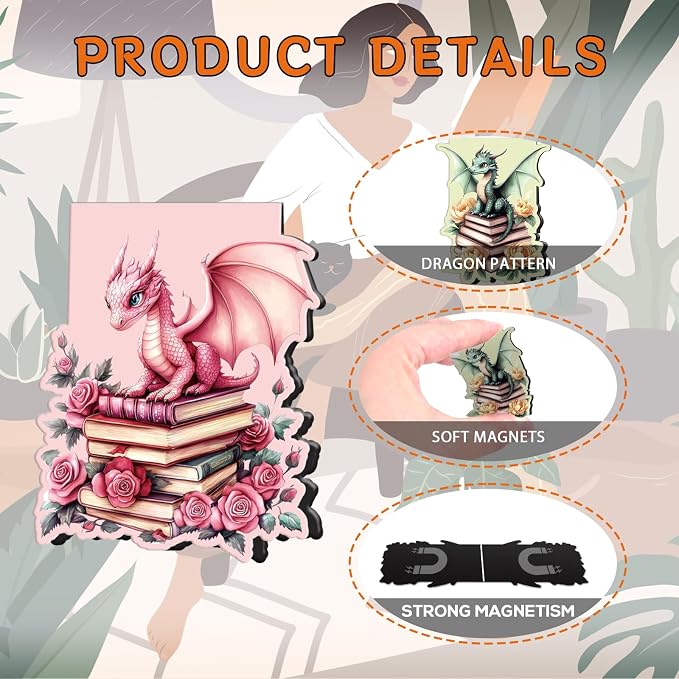Wxiben Flower Dragon Magnetic Bookmark - 8 Pcs Dragon with Wings Bookmarks Magnetic Floral Animal Magnets Book Marks Page Clip Gift for Women Men Book Lovers Students Teacher Reading School Supplies