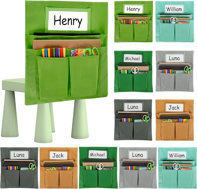 gisgfim 12 Pcs Small Chair Pockets for Classroom 13 x 14 Inch Bag with Name Tag Multi Pockets Chairsback Pouch Organizer for Student Kindergarten Elementary Daycare (Greenery)
