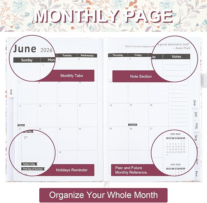 2026 Planner, 2026 Planner Weekly and Monthly with Tabs, 2026 monthly planner with Color Pen, Sticky Notes and Stickers, 6.2" x 8.5", Durable Twin Wire Binding, Storage Pocket - Flower