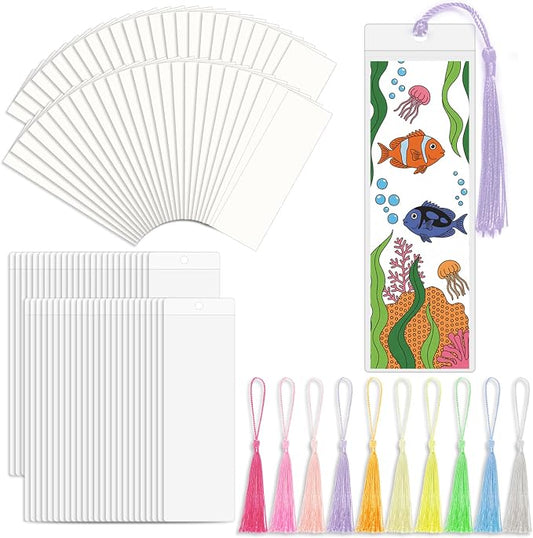 Bookmark Making Kit with 50 Bookmark Sleeves, 50 Colorful Tassels, 50 Blank Bookmark Cards, 10 Practice Sheets, for DIY Bookmarks, Gift Labels, Teacher Supplies, Decor