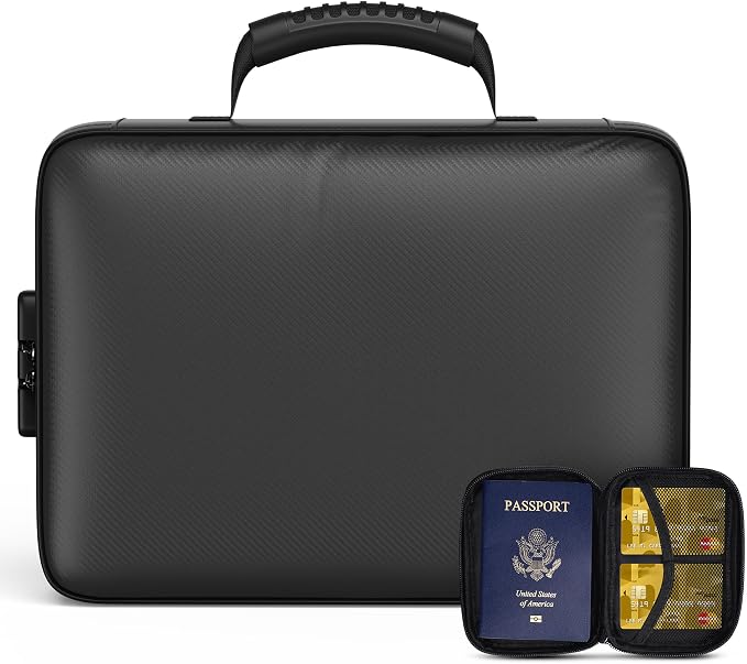 Grothery 5200°F Fireproof Document Organizer with Lock Fireproof & Waterproof File Organizer Box 8 Layer Heat Insulated Aluminum Foil Important Document Box Fire Proof Passport Travel Doc Holder Black