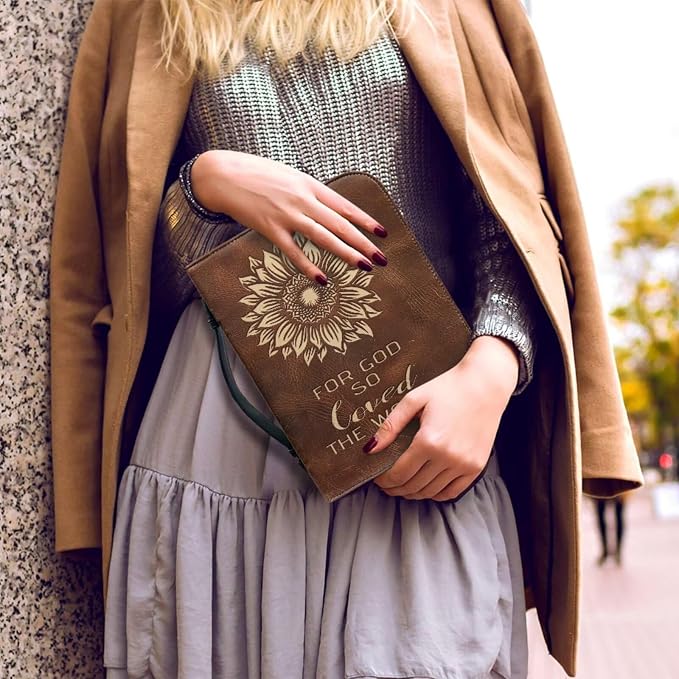Retro Style Cross Sunflower Bible Case with Bookmark Waterproof Bible Cover Case for Women Lightweight Bible Bag with Handle Pockets Church Book Bag Brown