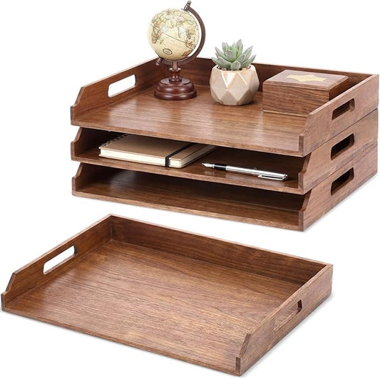 AceOrbit 3 Pcs Stackable Paper Tray Acacia Wood Desk Organizer Letter Tray 3 Tier Wooden File Organizer Desk Shelf for Documents, Letter Sorter, Envelopes and Magazine Holder
