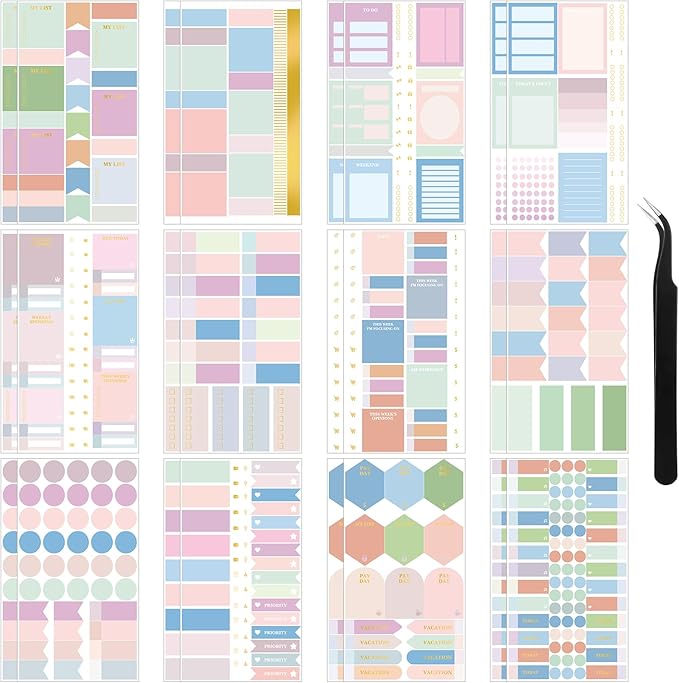 24 Sheets Pastel Functional Planner Stickers with Elbow Tweezer Mixed Metallic Functional and Elegant Stickers for Planners Notebooks Budgeting(Cute Color)