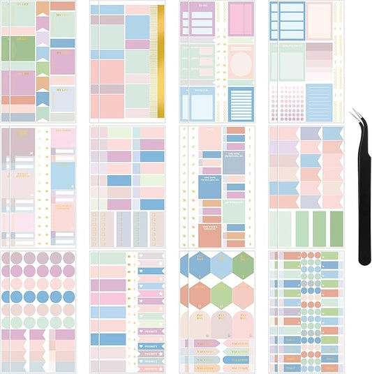 24 Sheets Pastel Functional Planner Stickers with Elbow Tweezer Mixed Metallic Functional and Elegant Stickers for Planners Notebooks Budgeting(Cute Color)