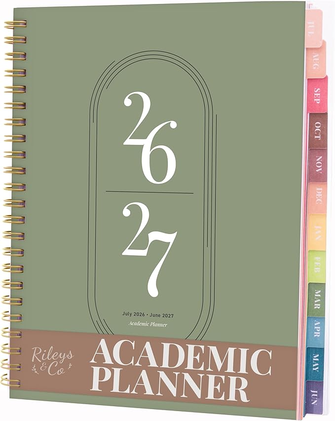 Rileys Academic Planner 2026-2027, Daily, Weekly & Monthly Planner, July 2026 - June 2027, Student Notes Pages, Twin-Wire Binding, Weekly Agenda for School & Work (8 x 6-Inches, Green)