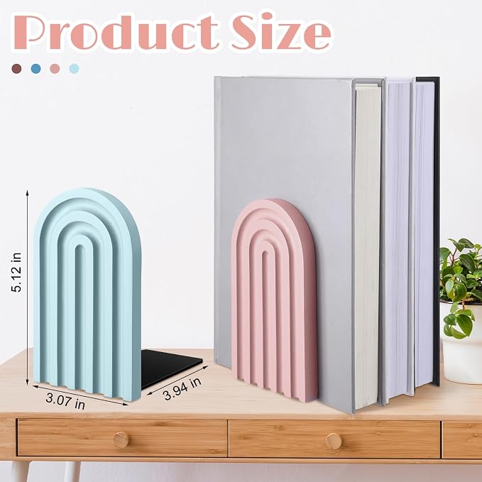 Harloon 4 Pcs Boho Arch Wooden Bookends, Decorative Rainbow Book Stoppers with Non-Slip Metal Base, 5x3x4 Inches, Cute Shelf Decor for Heavy Books, Home Office Study Desk Organizer(Morandi Color)