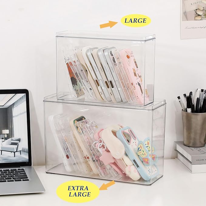 FABROK Large Cell Phone Case Organizer, Clear Storage Bin with Lid for Phone Basic Cases and Electronics Accessories, Plastic Basket Container for Home Office Desk, Kitchen Cabinet and Pantry