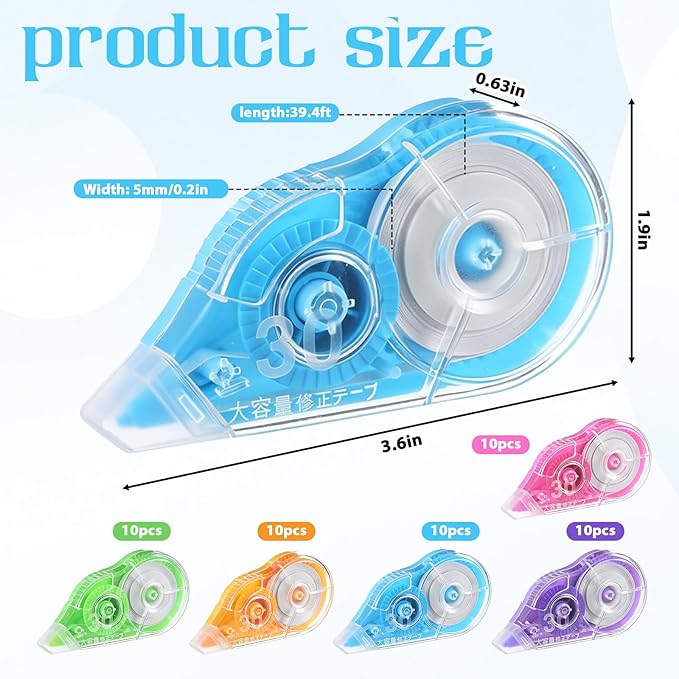 50 Pcs Colorful Correction Tape with Protective Cap, 39.4 Ft White Wrong Out Tear Roller Easy to Use Applicator for Instant Corrections School Office Supplies (Tape Width 0.2 in)