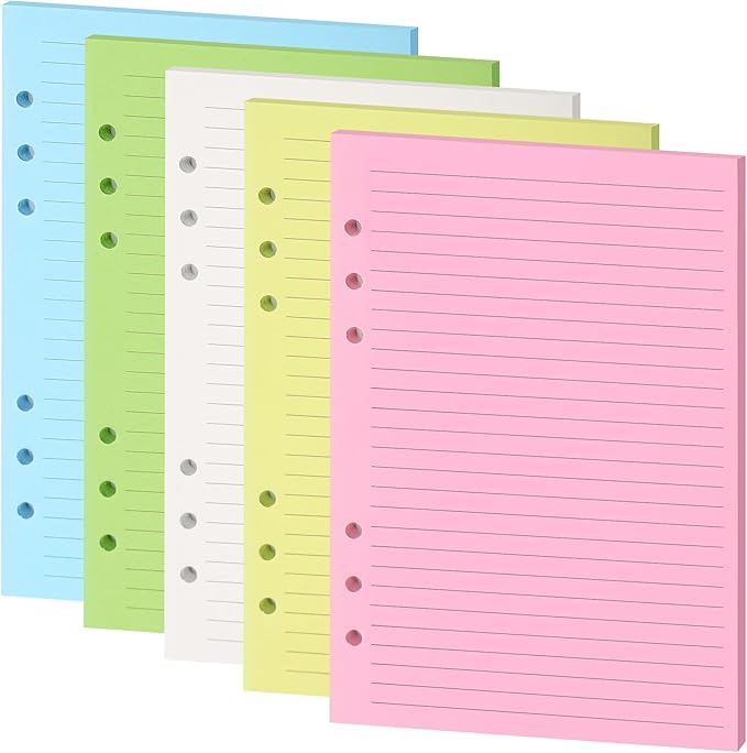 Lined Refill Paper,A5 Colorful Ruled Journal Fillers for 6-Ring Binder, Planner Inserts,5-color 120 GSM Thick Loose Leaf Paper,100 Sheets/200 Pages(100, A5（8.26x5.6in）)