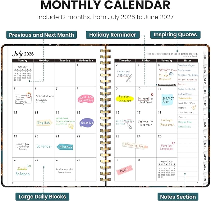 Planner 2026-2027, Monthly and Weekly Academic Planner July 2026 - June 2027, Hardcover Student Teacher Planning Agenda Calendar Book with Tabs, Perfect for Office School Supplies, A5 (6.3" x 8.5") - Vintage Petals