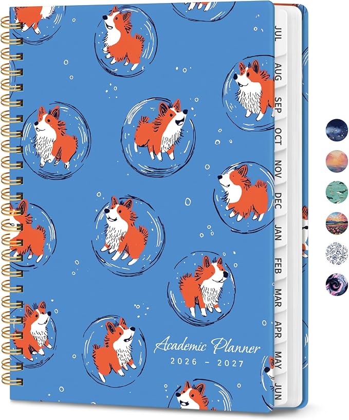 Planner 2026-2027, Monthly and Weekly Calendar Academic Planner July 2026 - June 2027, Hardcover Student Teacher Planning Agenda Book with Tabs, Perfect for Office School Supplies, A5 (6.3" x 8.5") - Cosmic Pups