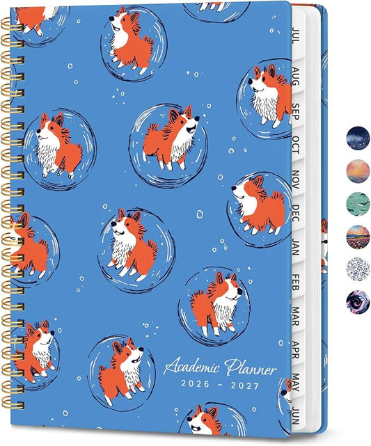 Planner 2026-2027, Monthly and Weekly Calendar Academic Planner July 2026 - June 2027, Hardcover Student Teacher Planning Agenda Book with Tabs, Perfect for Office School Supplies, A5 (6.3" x 8.5") - Cosmic Pups