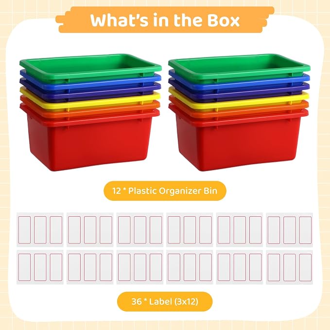 12 Pcs Plastic Cubby Bins with Labels, Plastic Storage Bins and 36 Self-Adhesive Labels, Office Storage Container Assorted Color, Stacking Home Organizer Bin, Classroom Toy Organizing Box