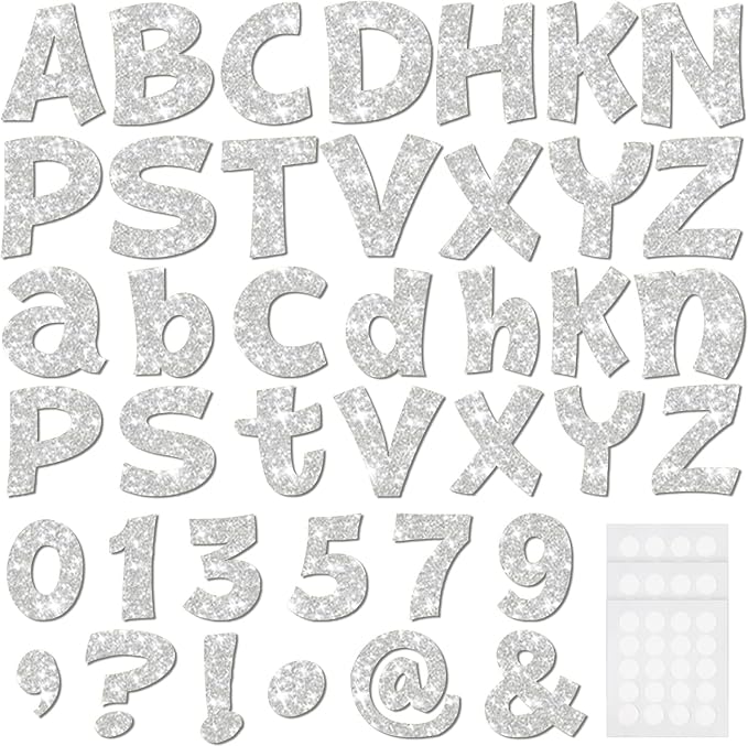 Colarr 216 Pcs Silver Glitter Bulletin Board Letters for Classroom Number Alphabet Punctuation Symbol Cutout 4'' Die-Cut Poster Letter with Adhesive Dot School Party Graduation Decor Display