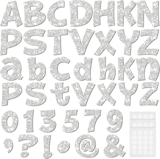 Colarr 216 Pcs Silver Glitter Bulletin Board Letters for Classroom Number Alphabet Punctuation Symbol Cutout 4'' Die-Cut Poster Letter with Adhesive Dot School Party Graduation Decor Display