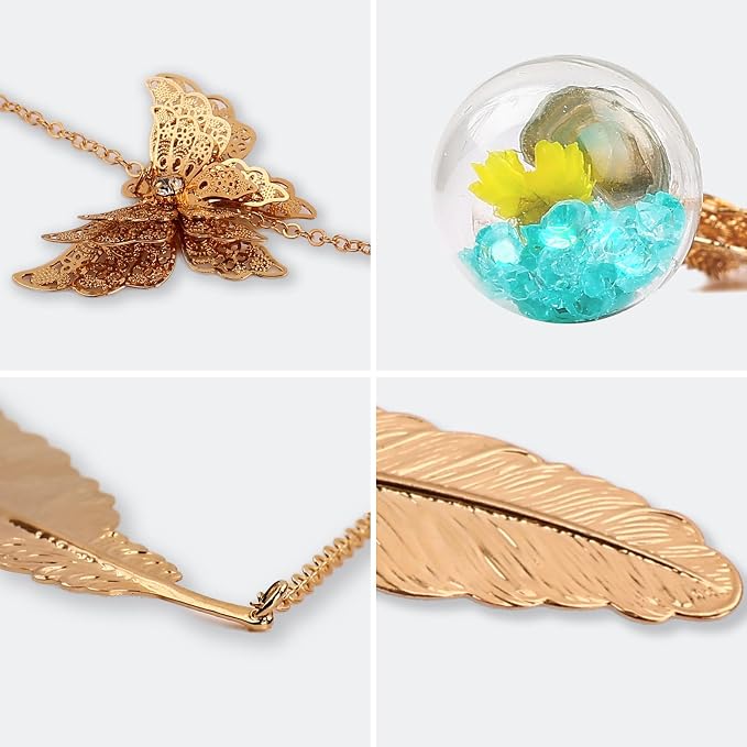 Teacher Retirement Gifts - Metal Feather Bookmark with 3D Butterfly & Real Dried Flower Pendant - Bookmark for Women & Book Lovers Under 10 Dollars - Gift Box Included