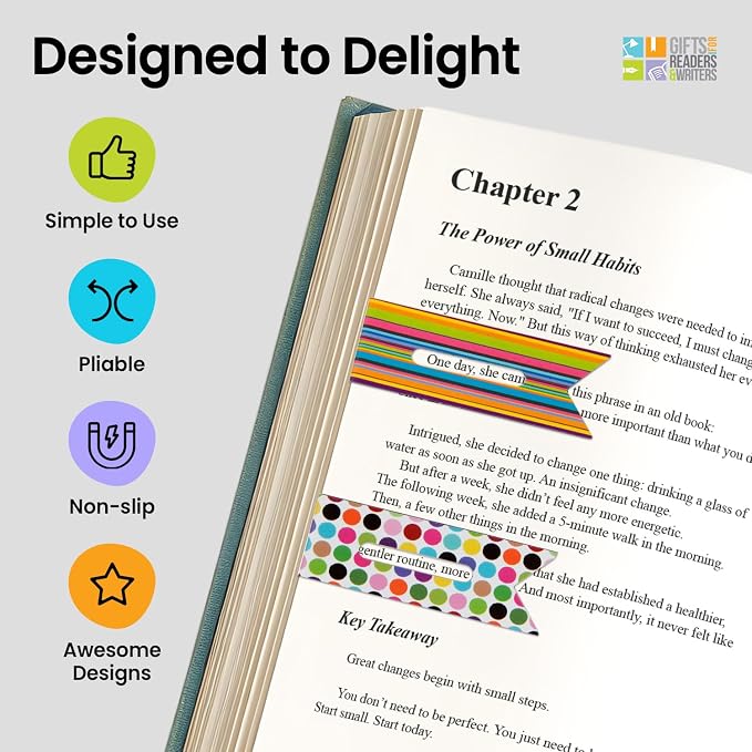 Gifts for Readers & Writers Linemarker Magnetic Bookmarks for Women & Men Colors, Set of 2 Magnet Bookmark Clips, Magnetic Page Holder & Book Marker for Reading with Cute Bookmarks Design for Kids