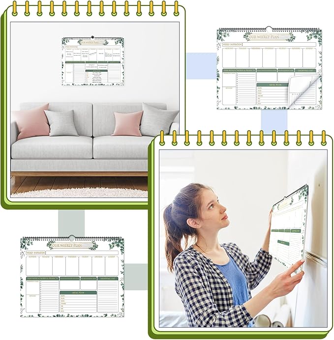 Fulmoon 2 Pcs 52 Sheets Weekly Planner 13 x 17'' Family Planner Spiral Weekly Calendar Habit Tracker Calendar Family Meal for Wall Planning Organizing Goals Tasks Chores(Eucalyptus)