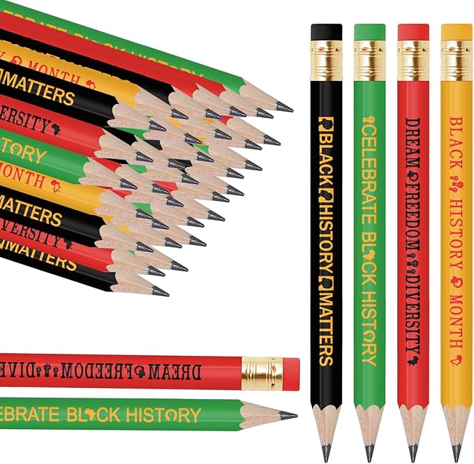 JarThenaAMCS Black History Month Pencil with Eraser 48 Pcs Writing Short Pencil 4 In Black Yellow Red Green Juneteenth African Wood Half Pencils for Classroom Office Stationery Gift