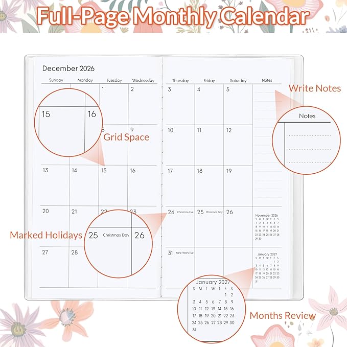 Pocket Calendar 2025-2027, Monthly Purse Planner - 6.7" x 3.7" - Covers from September 2025 to December 2027, Pocket Calendar with PVC Cover for Planning, Organizing and Office - Floral Design