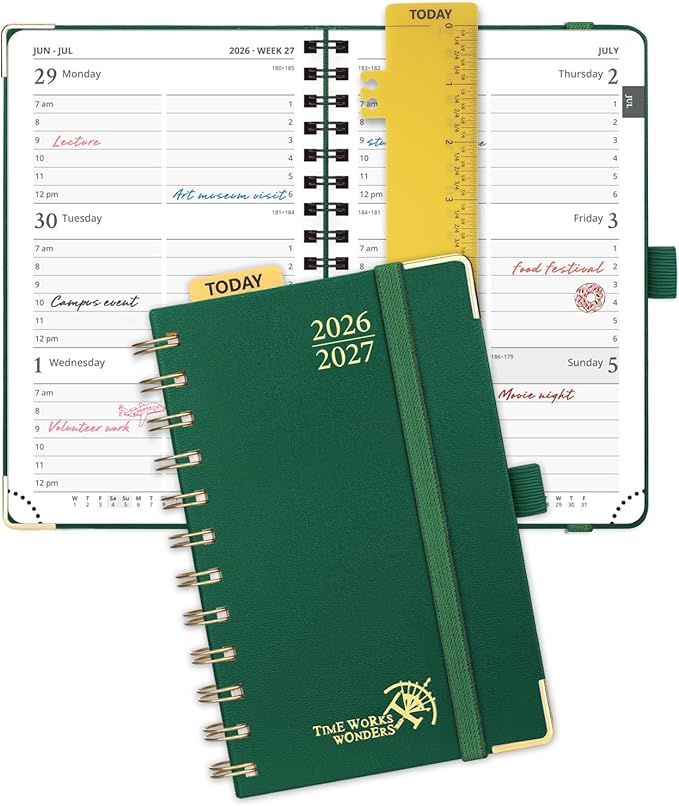 POPRUN Pocket calendar 2026-2027,pocket planner Jul 2026-Jan 2027, 6.5" x 3.5" Small Planner for Purse,Inner-pocket Weekly Planners with Hardcover, Tabs, Ruler, Pen Loop ,Unisex Weekly Planners for Organizing and Office - Dark Green
