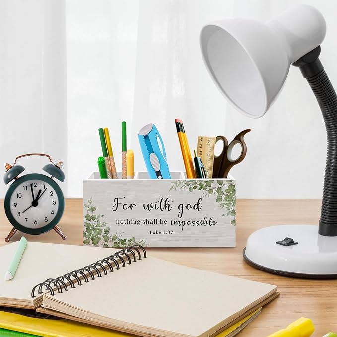 Luke 1:37 Pen Pencil Holder for Desk, For with God Nothing Shall Be Impossible Office Desk Accessories Decor, Sage Green Christian Motivational Pen Holders Organizer for Farmhouse Home