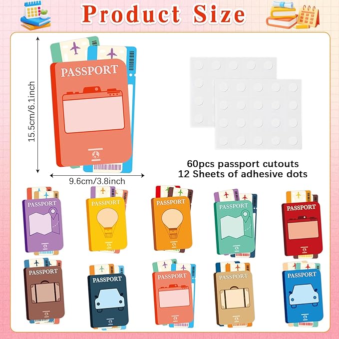 60pcs Passport Theme DIY Cutouts Passport Bulletin Board Decoration Set World Travel Paper Cut-Outs Classroom Decor for Boy Girl Classroom DIY Photo Craft Kindergarten School Wall Door Supplies