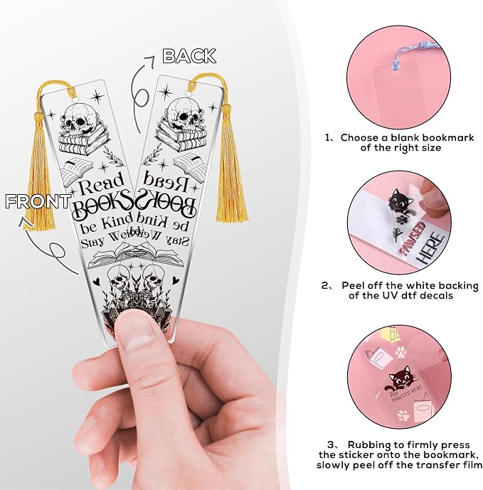 UV DTF Bookmark Wraps - 24 Sheets Skeleton Reading Books UV DTF Stickers for Acrylic Bookmark Blanks, Black Skull Romantic Rub on Transfer Decals for Book Lover DIY Crafts Gift