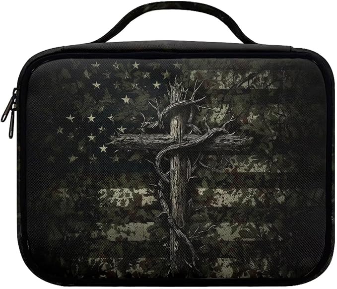 Cross American Flag Bible Covers for Women Men Zippered Bible Carrier Book Bag Church Bag Bible Protective with Handles Christian Gifts, Green Camo Print