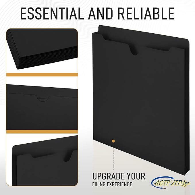 Black File Jackets, 1 Inch Expansion, Letter Size, Reinforced Straight-Cut Tab, 6 Pack