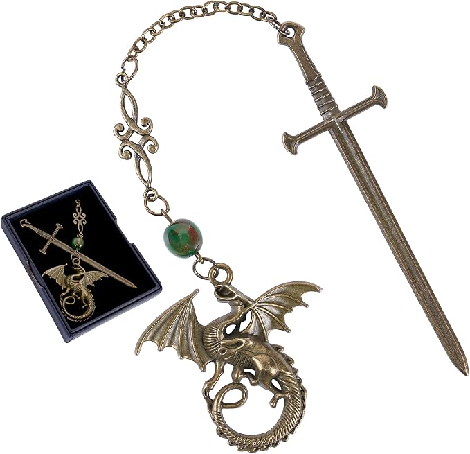 Fourth Wing Sward Bookmark - Fantasy Cool Dragon Page Mark Reading Men Boys Kids Unique Tassel Metal Antique Green Bookmarks for Book Club Students Teachers School Supplies Birthday Gifts