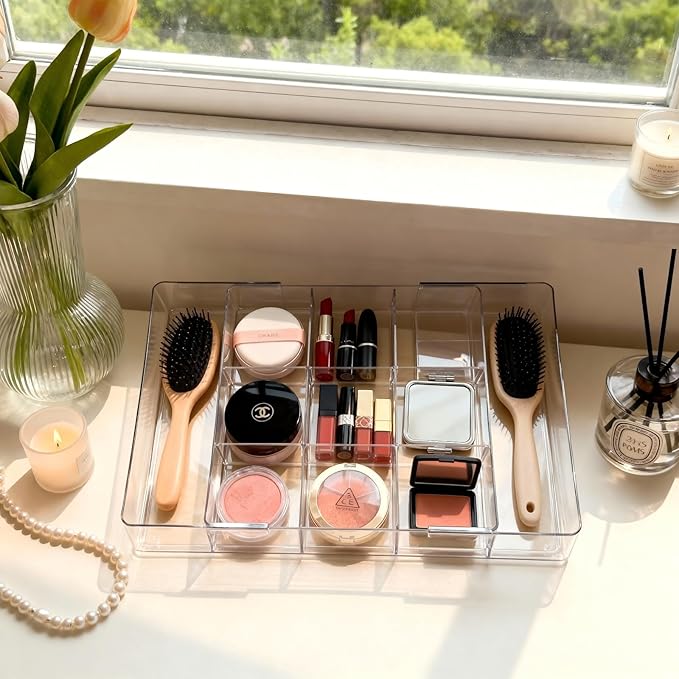 Acrylic Expandable Desk Drawer Organizer with 11 Adjustable Compartments and 6 Removable Dividers Desk Accessories for Office Kitchen Bathroom Makeup and Utensil Junk Storage (Clear, 3Pcs)