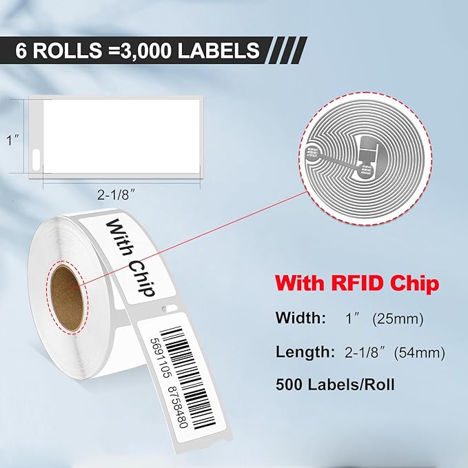 RGiNK for 30336 Labels (with RFID Chip) Compatible Replacement for DYMO 550 Labels (1" x 2-1/8") Inventory Stickers Work with DYMO Labelwriter 550 5XL Labelwriter 450 4XL [6 Rolls, 3000 Tags]