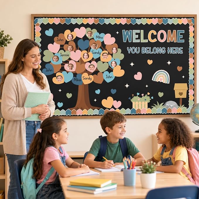 85pcs Boho Classroom Tree Bulletin Board Heart DIY Photo Name Tags Crafts Cutouts Back to School Rainbow Accents You Belong Here Welcome Classroom Decor for Nursery Elementary Chalkboard Wall Decor