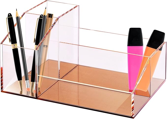 Clear Acrylic Makeup Brush Organizer with Metallic Rose Gold Base, 4 Compartment Office Organizers for Desk, For Makeup Storage Bathroom Organization, Classroom Organization & Desk Accessories
